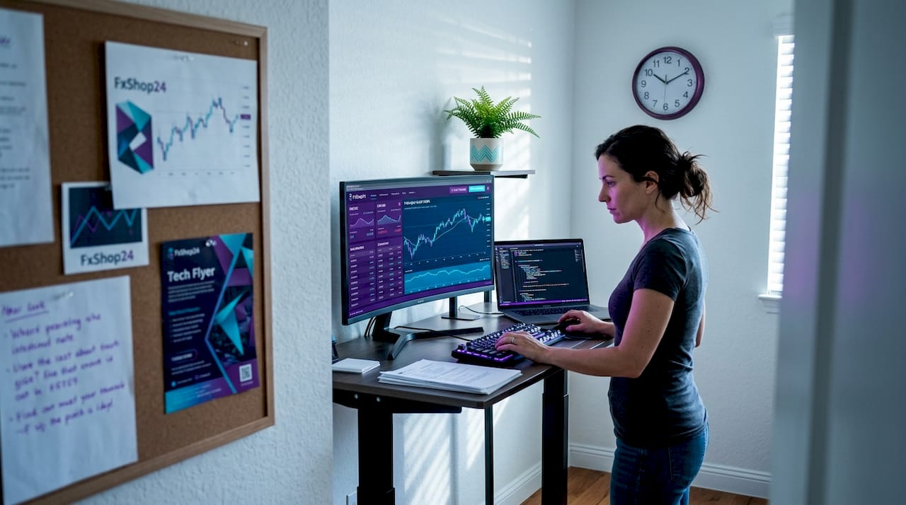 Forex algorithm trader working at standing desk