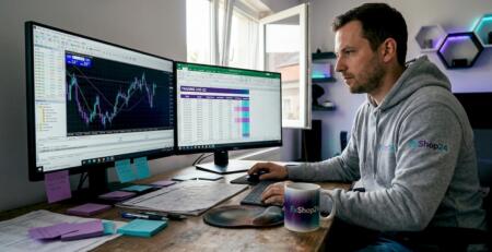 Trader backtesting robot on home office setup