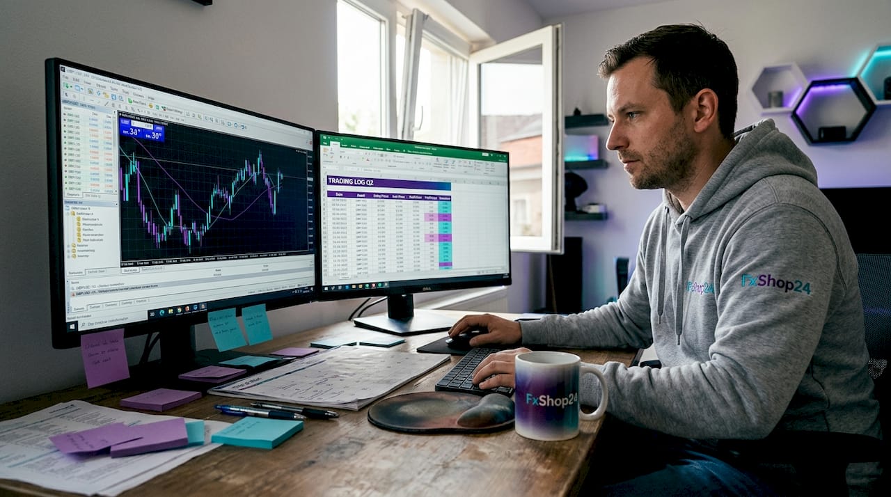 Trader backtesting robot on home office setup