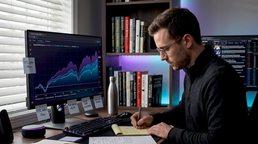 Trader reviewing multiple trading strategies at desk