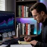 Trader reviewing multiple trading strategies at desk