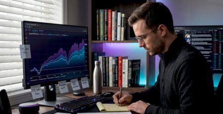 Trader reviewing multiple trading strategies at desk