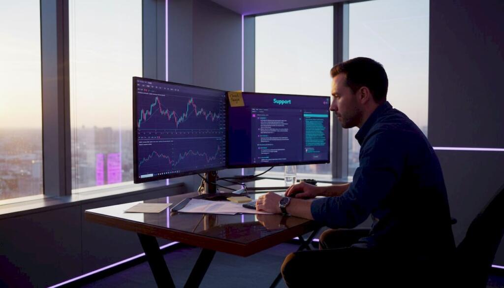 Trader using tech support at corner office