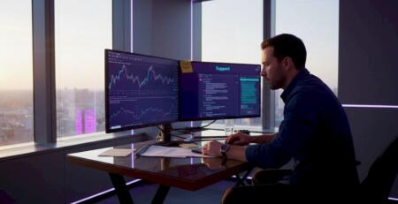 Trader using tech support at corner office