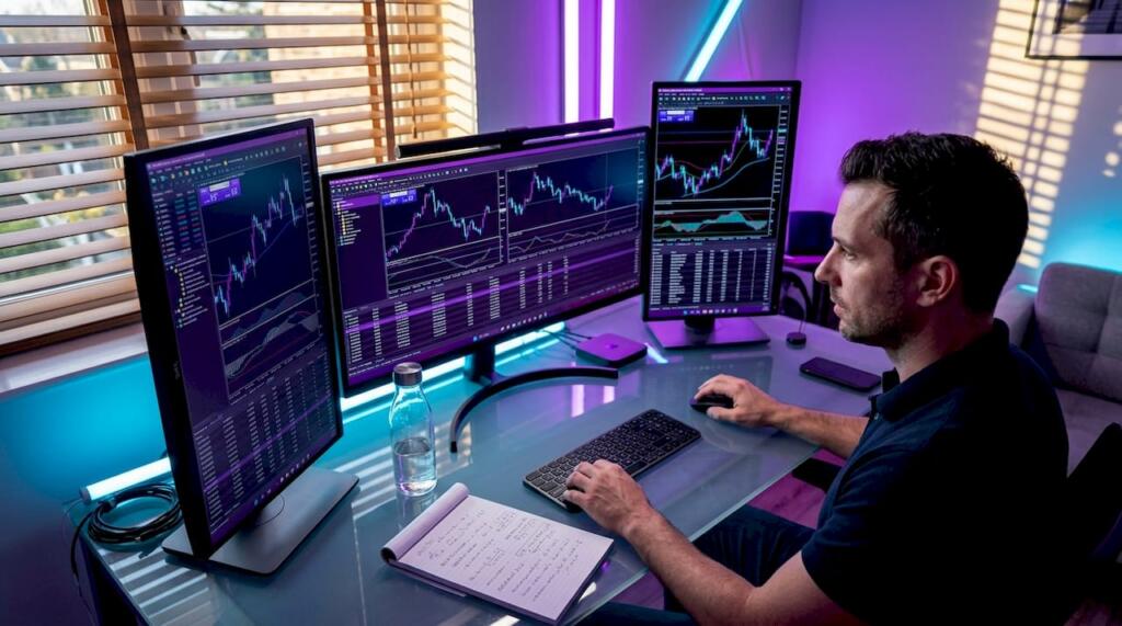 Trader reviewing MT4 MT5 terminals at home desk