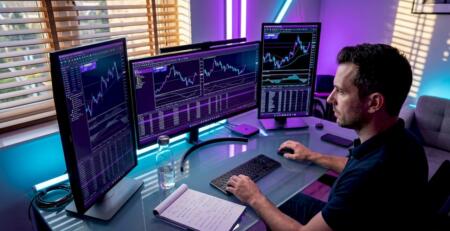 Trader reviewing MT4 MT5 terminals at home desk