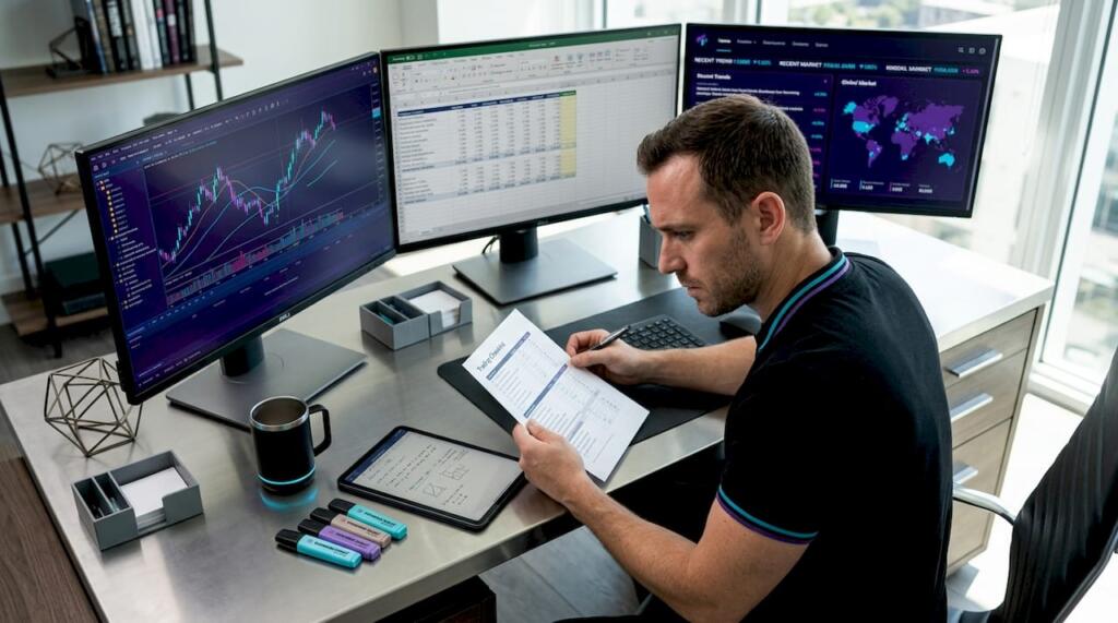 Trader checking checklist at home desk
