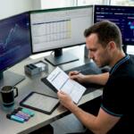Trader checking checklist at home desk