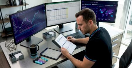 Trader checking checklist at home desk