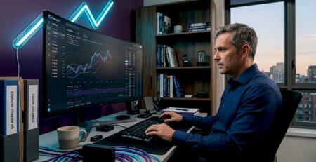 Trader reviewing forex dashboard in home office