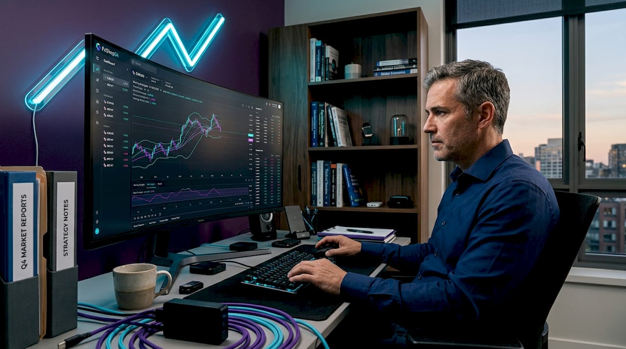 Trader reviewing forex dashboard in home office