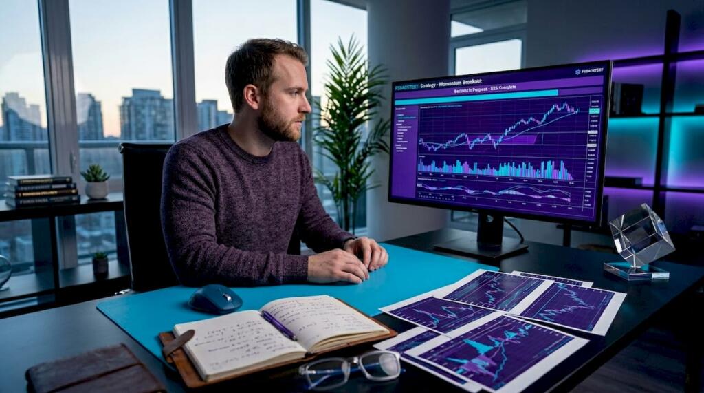 Forex trader reviewing backtest on home office desk