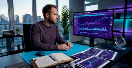 Forex trader reviewing backtest on home office desk