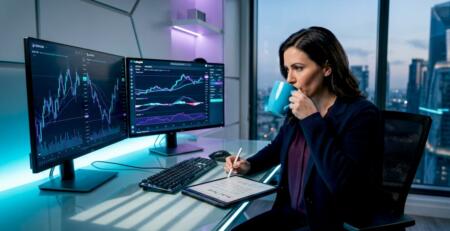 Trader analyzing forex and gold charts at desk