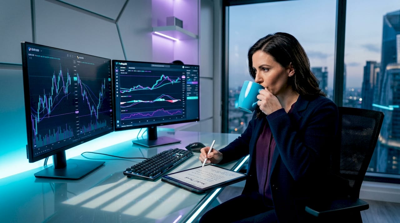 Trader analyzing forex and gold charts at desk