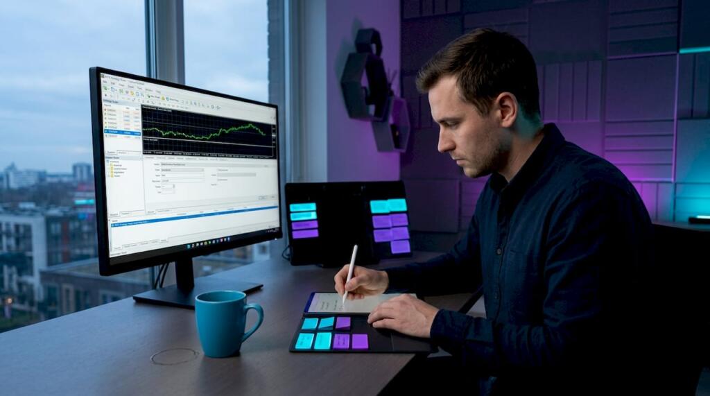 Trader at desk optimizing MT4 strategy