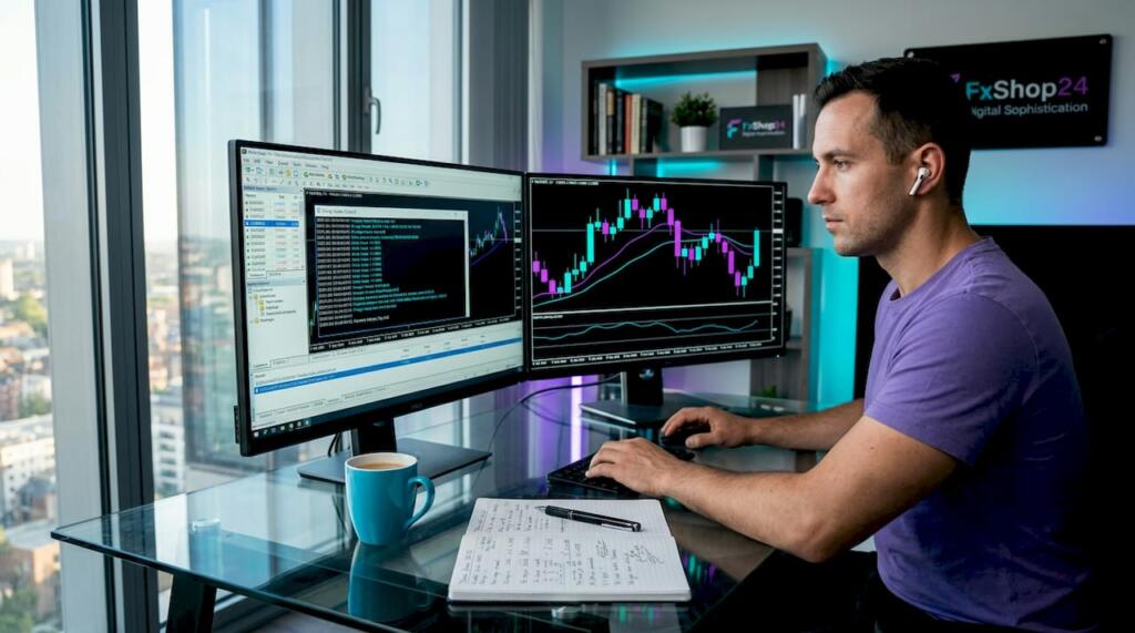 Trader reviews MT4 bot charts at home desk