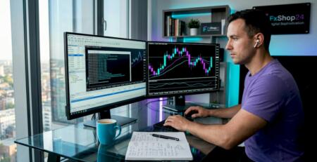 Trader reviews MT4 bot charts at home desk
