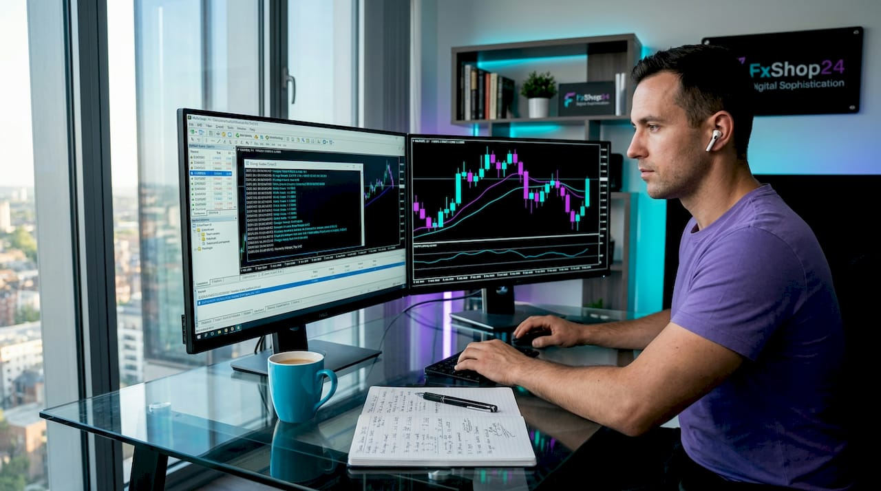 Trader reviews MT4 bot charts at home desk