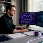 Trader at home office comparing two trading systems