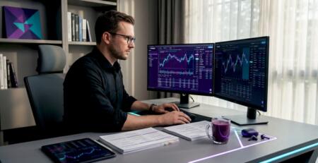 Trader at home office comparing two trading systems