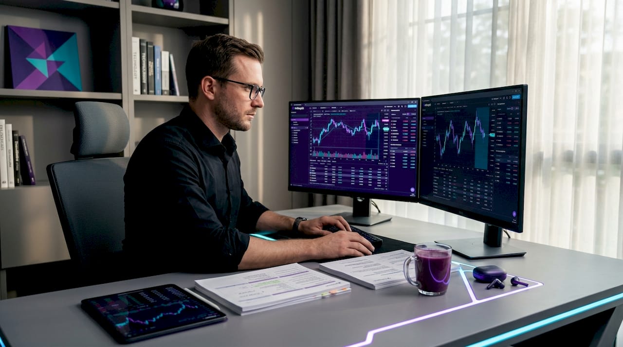 Trader at home office comparing two trading systems