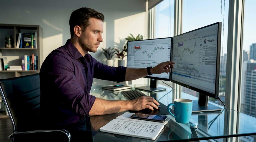 Home 39 Forex trader configuring MT5 at home desk