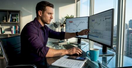 Forex trader configuring MT5 at home desk