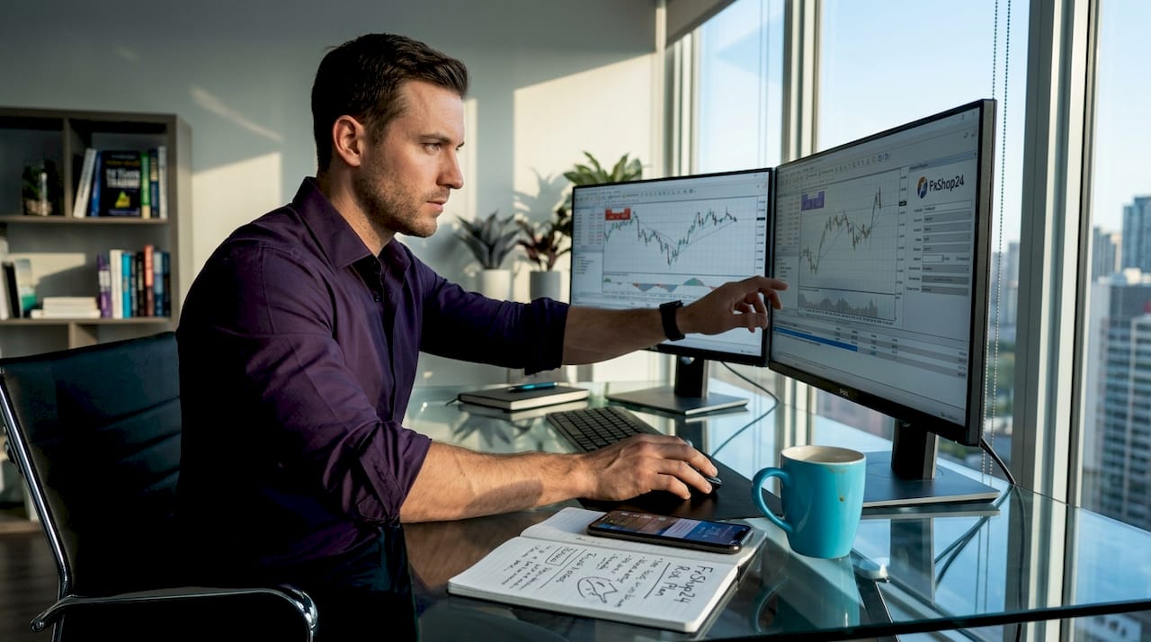 Forex trader configuring MT5 at home desk