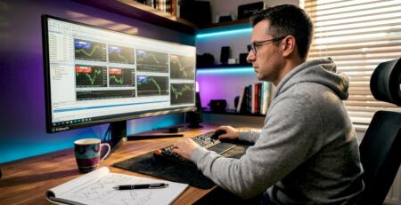 Person using MT4 trading platform in home office