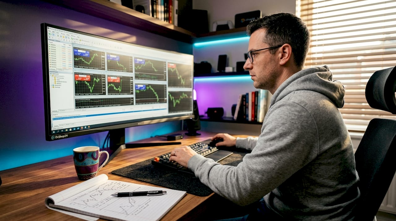 Person using MT4 trading platform in home office