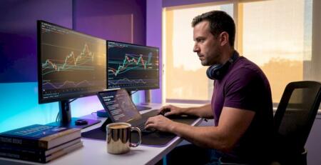 Gold trader examining dual screen chart setup