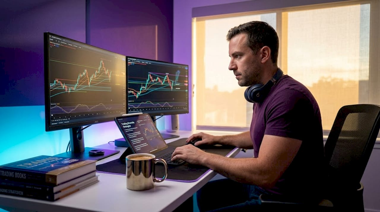Gold trader examining dual screen chart setup