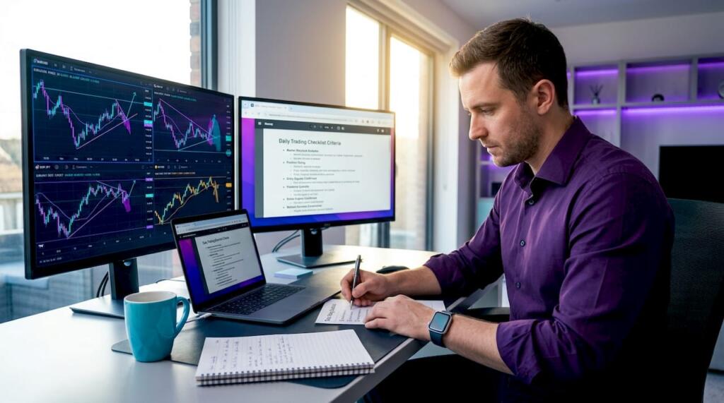 Home 39 Trader marking printed checklist at desk