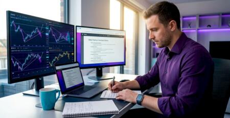Trader marking printed checklist at desk