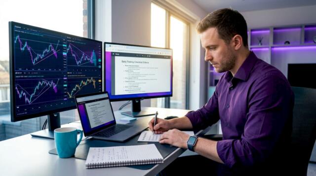 Trader marking printed checklist at desk