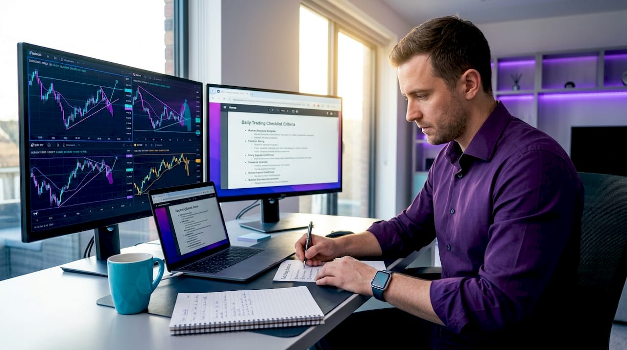 Trader marking printed checklist at desk