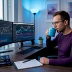 Trader reviewing forex and gold charts at desk