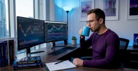 Trader reviewing forex and gold charts at desk