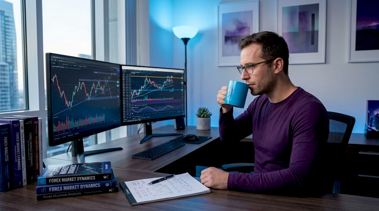 Trader reviewing forex and gold charts at desk