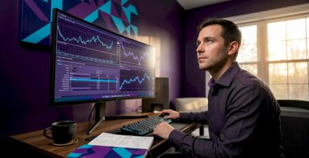 Trader working on EA optimization at home office