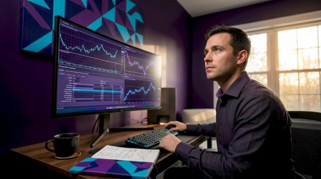 Trader working on EA optimization at home office
