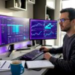 Forex trader reviewing grid trading system on screens