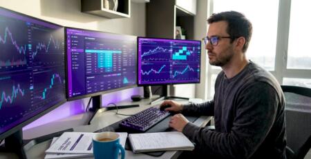 Forex trader reviewing grid trading system on screens