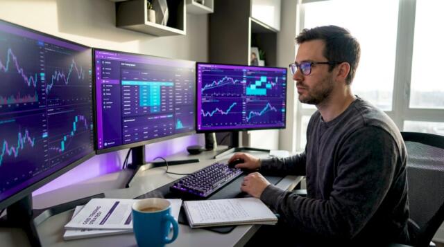 Forex trader reviewing grid trading system on screens