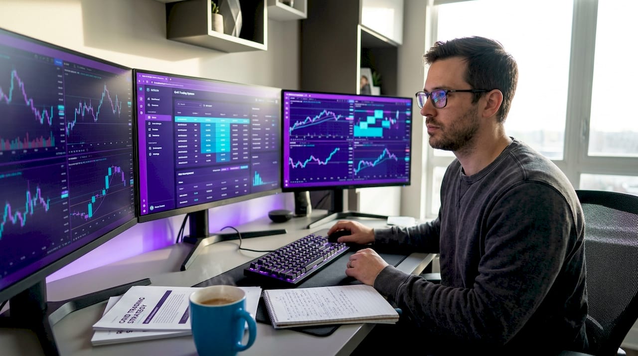 Forex trader reviewing grid trading system on screens