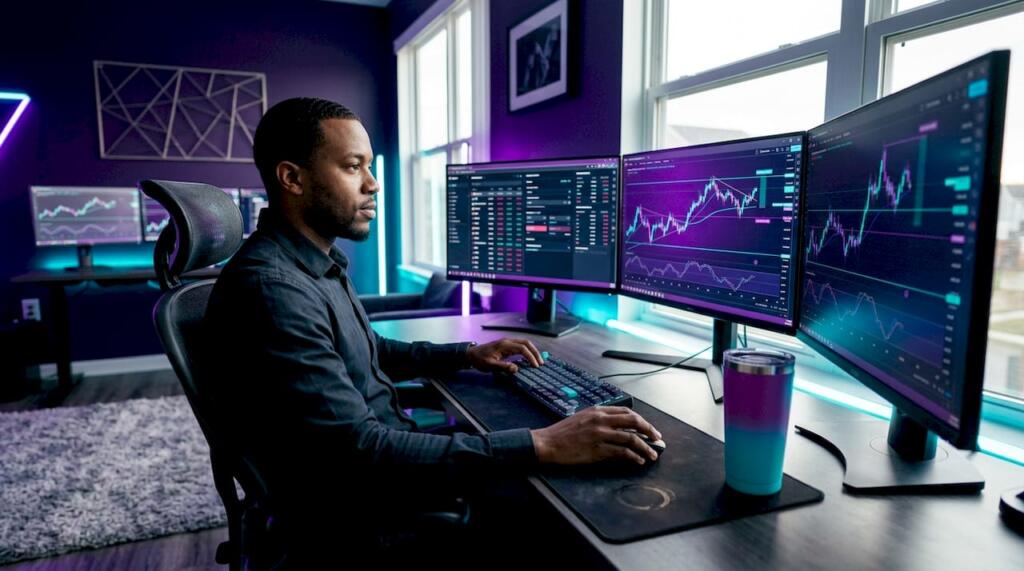Trader working on trade copy software in home office