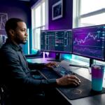 Trader working on trade copy software in home office