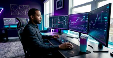 Trader working on trade copy software in home office
