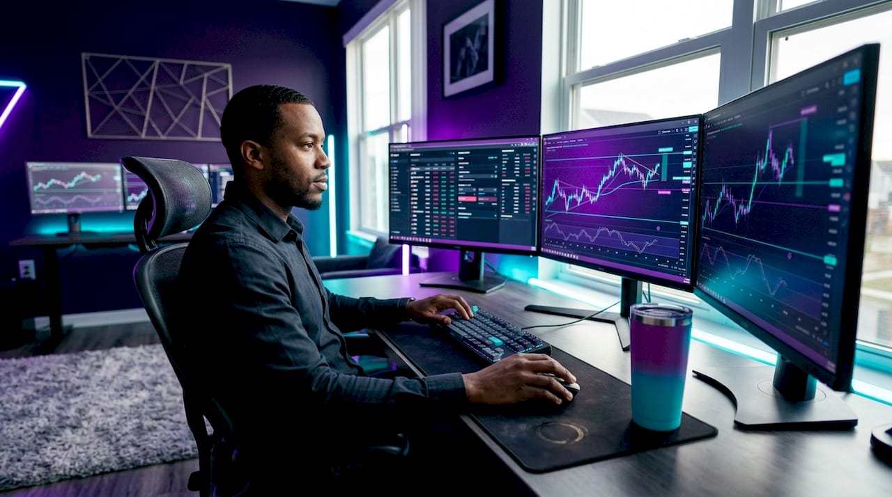Trader working on trade copy software in home office